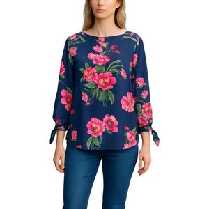 TALBOTS LP blue with pink floral graphic slip on 3/4 tie sleeve blouse